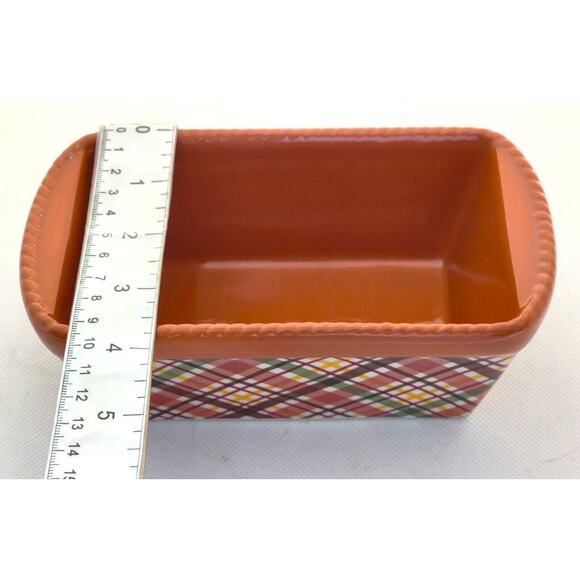 LOAF BAKING DISH-TEMP-TATIONS-Ceramic-Pumpkin & Green-Plaid-Holiday Theme-Small - Picture 7 of 8